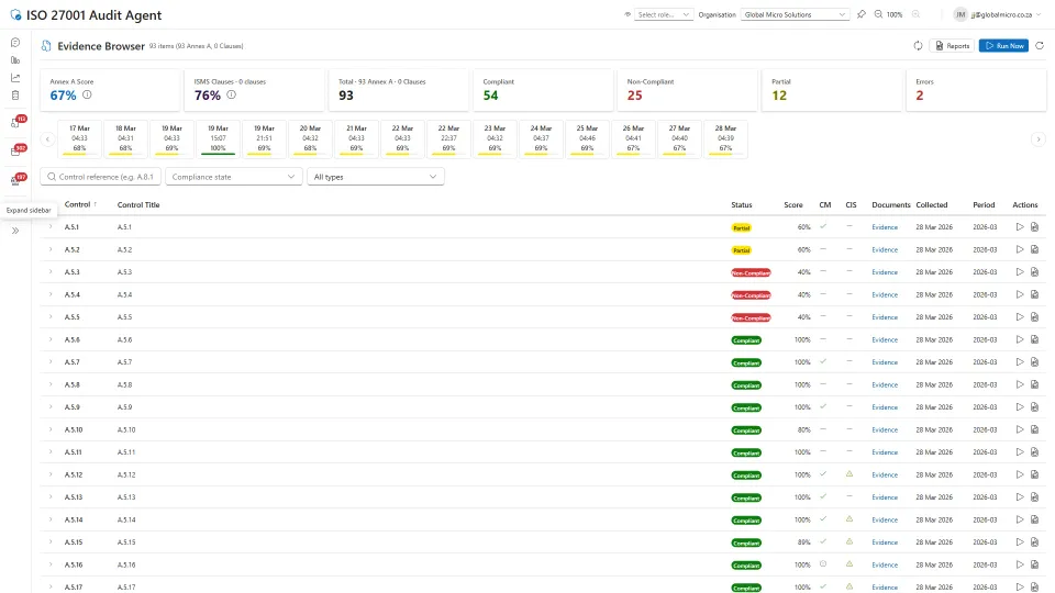 Audit Agent Evidence Browser — 93 ISO 27001 controls with daily compliance scores, portal screenshots, and API evidence